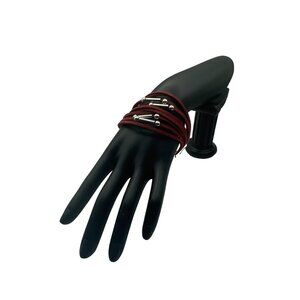 Wrap Bracelet With Red Leather Straps & Silver Beads Adjustable Chain Closure